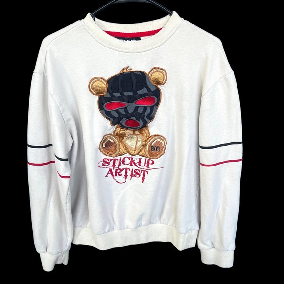 BKYS Stickup Artist Sweater Adult Large Cream Ski Mask Bear Embroidered Crewneck - Picture 1 of 12